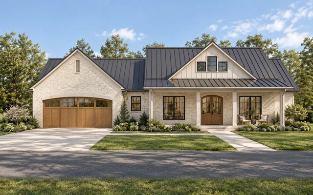 Residential exterior visualization with a metal roof, stone and brick materials